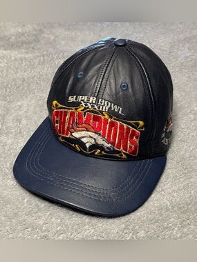 VTG Denver Broncos Leather Pro Elite Super Bowl XXXII XXXIII Strapback Hat